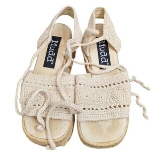 Mudd Vintage 90s Crochet Platform Espadrille Sandals Cream Lace Up Square Y2K